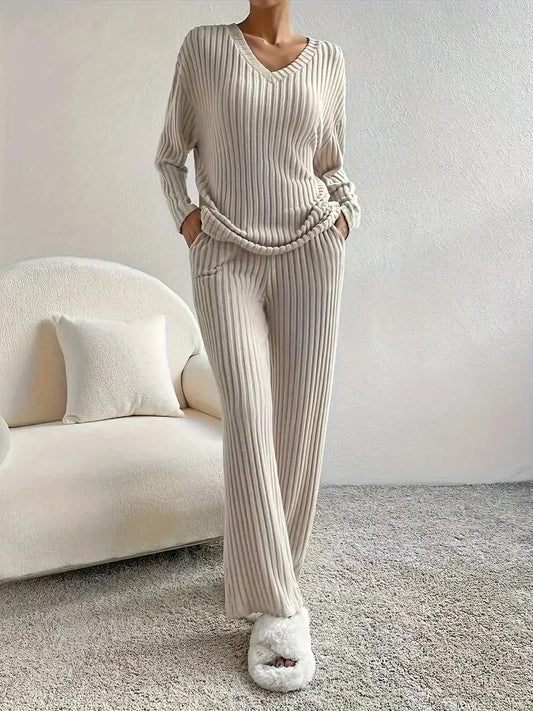 KAELAH 2 Pieces Set Sleepwear V-neck Ribbed Knit Tops and Trousers