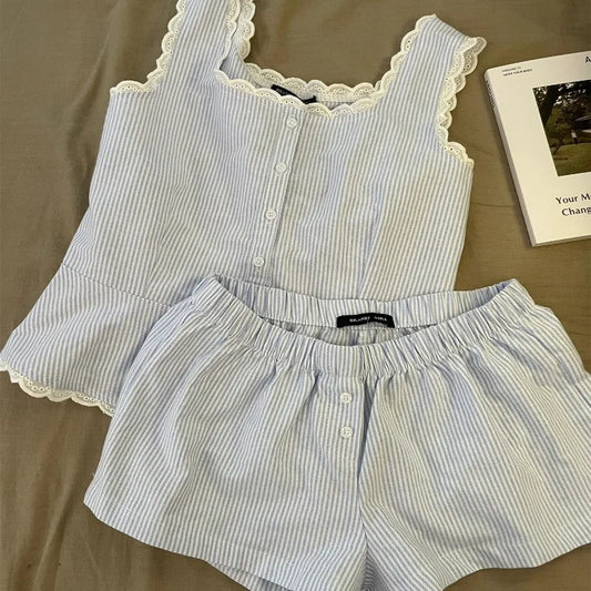 KAELAH Striped Women Pajamas Summer Sleepwear Sleeveless Shorts Sets 2 Pieces Lace
