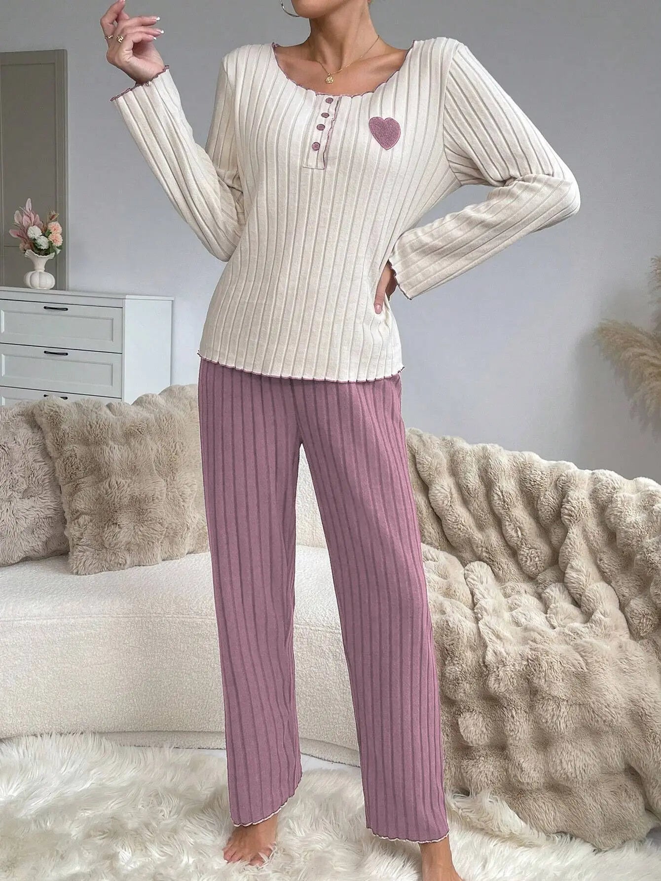 KAELAH Top Heart Print Sleepwear Casual Long Sleeve Set Homewear