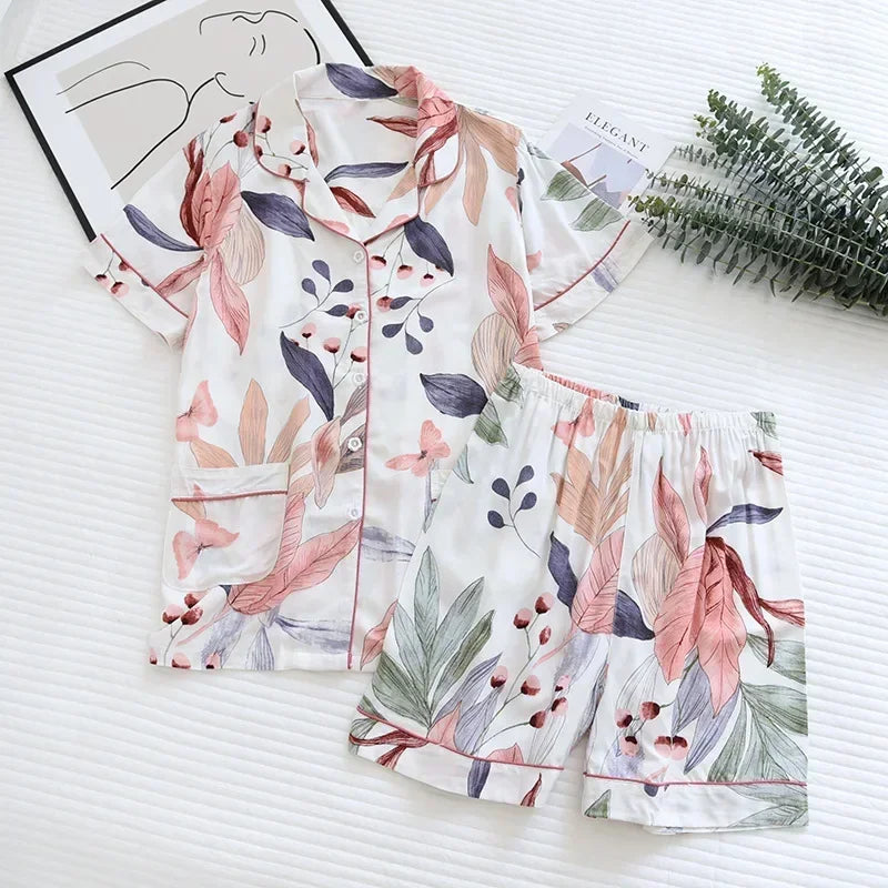 KAELAH cute cartoon floral viscose fiber pajamas two-piece long-sleeved home cotton