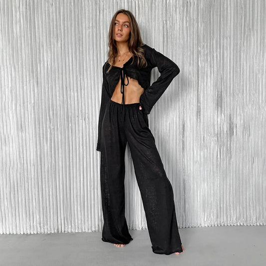 KAELAH Laidy Sexy V-Neck Knitted Thin Trousers Pajamas Women Casual Lace-Up