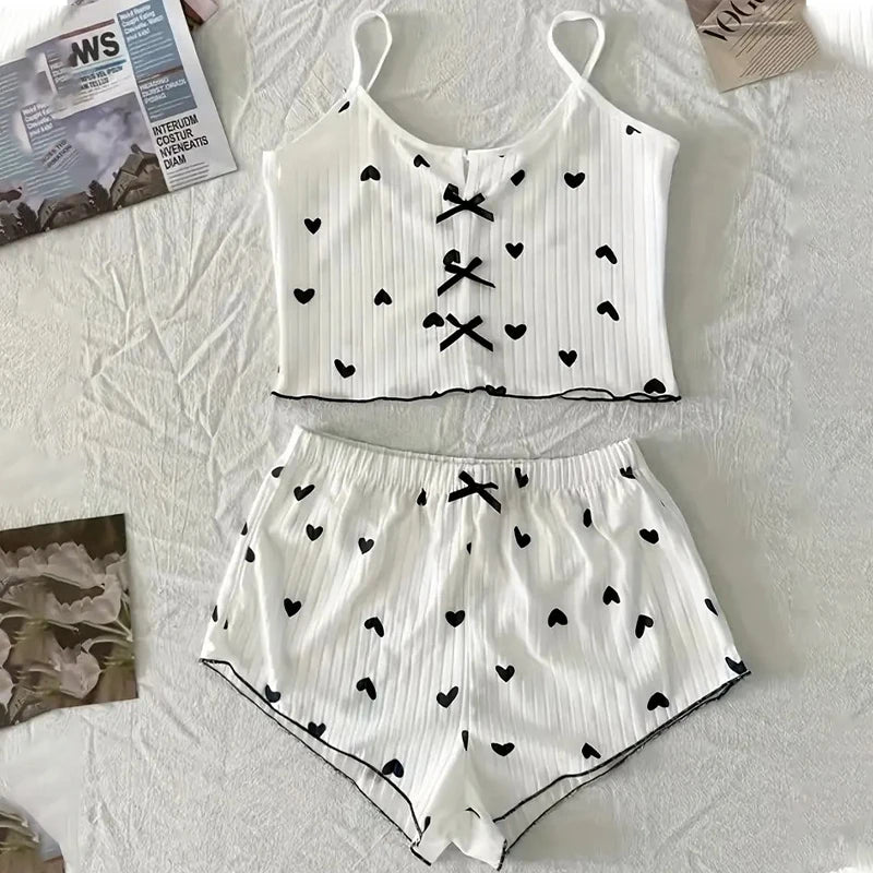 KAELAH Suspender Pajamas with Heart-Shaped Print Two-Piece Set Summer Comfortable