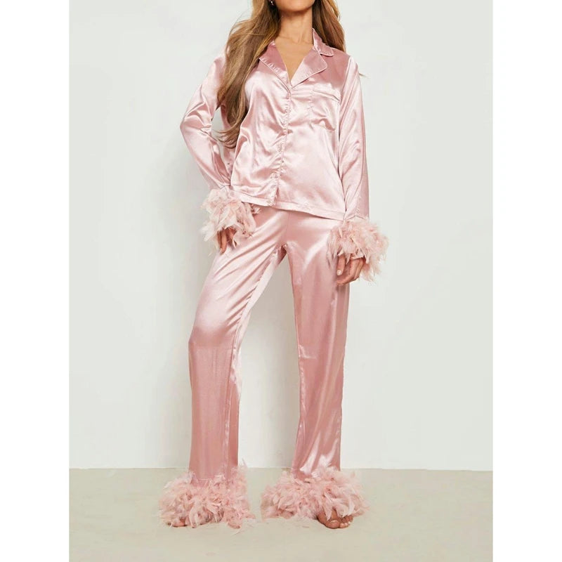 KAELAH Perfect Silk Satin Set Feather Trim Cuff 2 Piece Loungewear