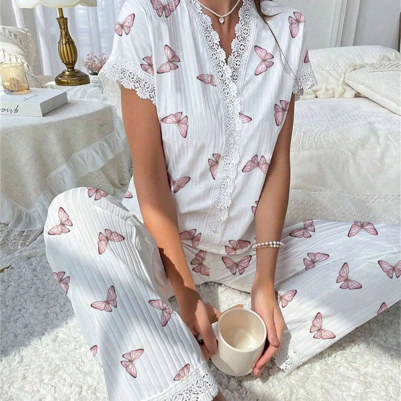 KAELAH Cherry Collar Lace Printed Shirt Trousers Homewear