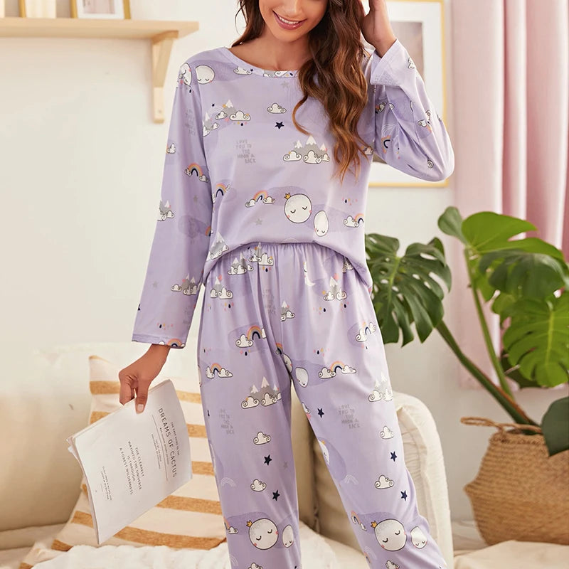 KAELAH Cartoon Print Pajama Set Short Sleeve Top Long Pants Soft Comfortable Sleepwear