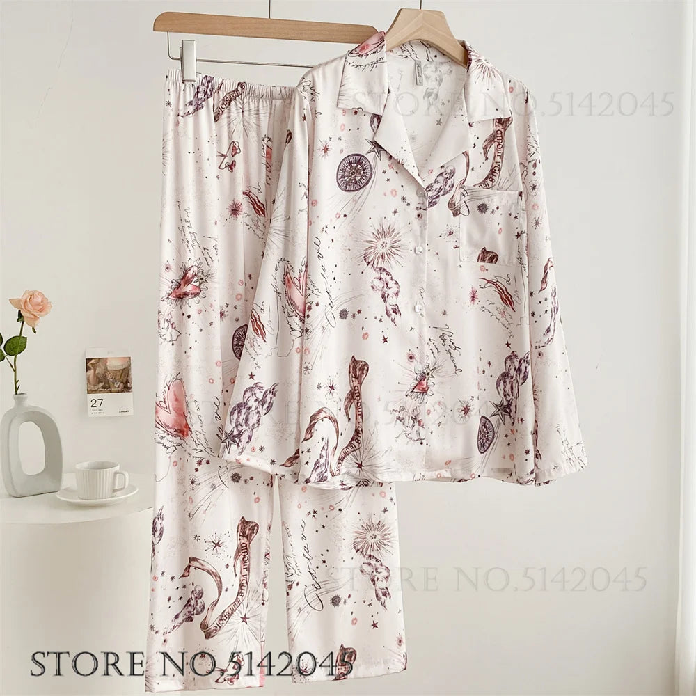 KAELAH Print Flower 2PCS Pajamas Set Women Sleepwear Spring Summer Trouser Suits Lounge Wear