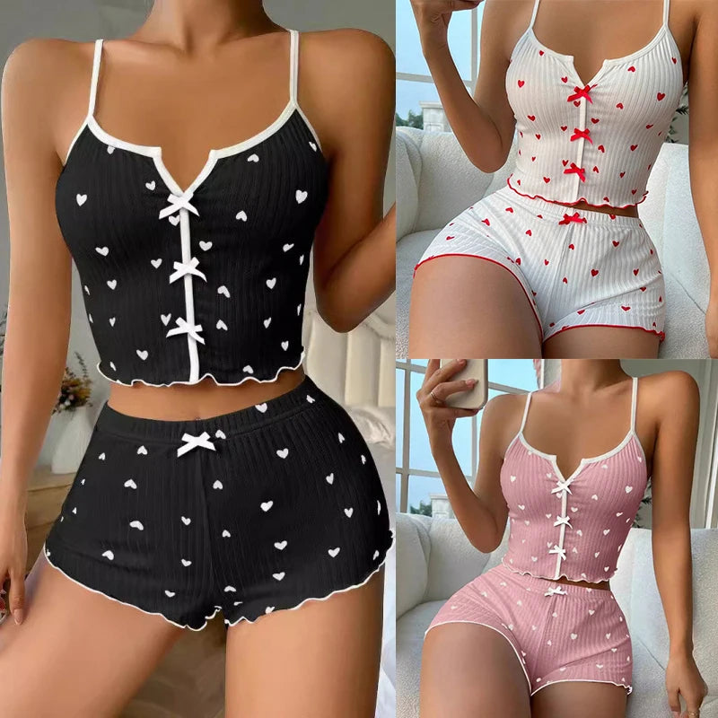 KAELAH Set Heart Print Soft Ribbed Fabric with Flirty Frill