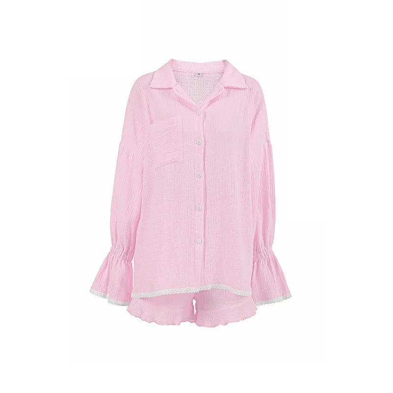 KAELAH Cotton Pajamas Set Autumn Long Sleeve Shirt And Shorts