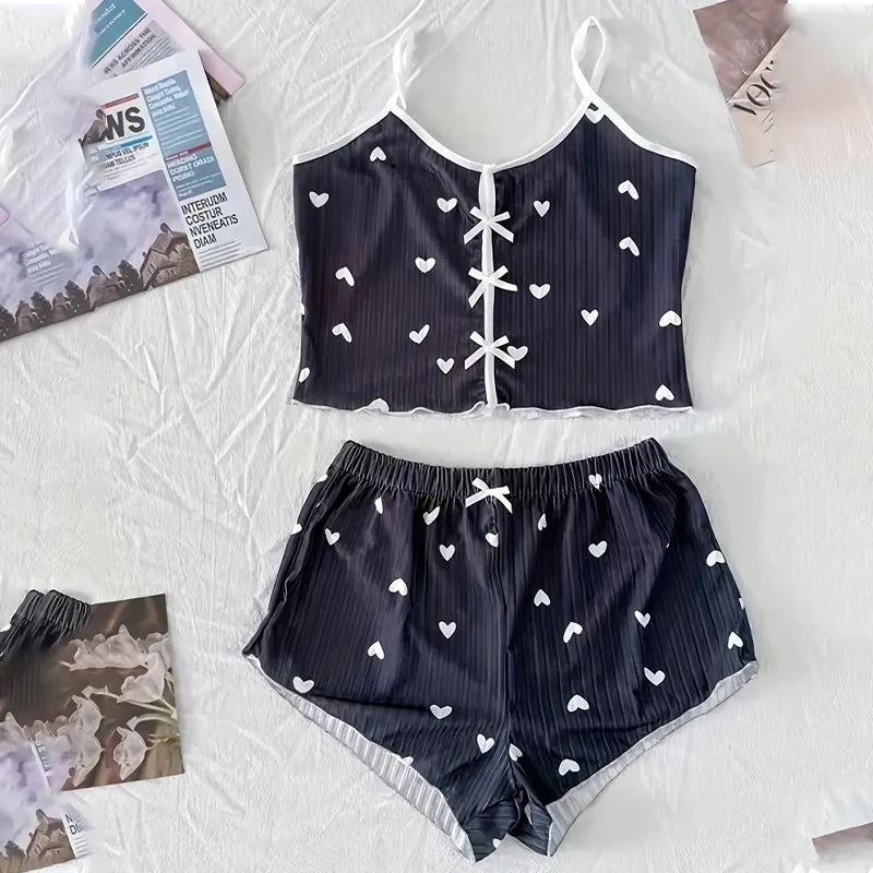 KAELAH Suspender Pajamas with Heart-Shaped Print Two-Piece Set Summer Comfortable