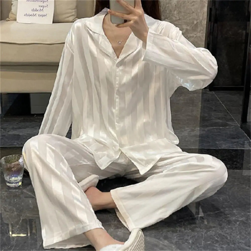 KAELAH Summer Striped Pajama Set Long Sleeve Top Trousers Silk Satin Home Suit Spring