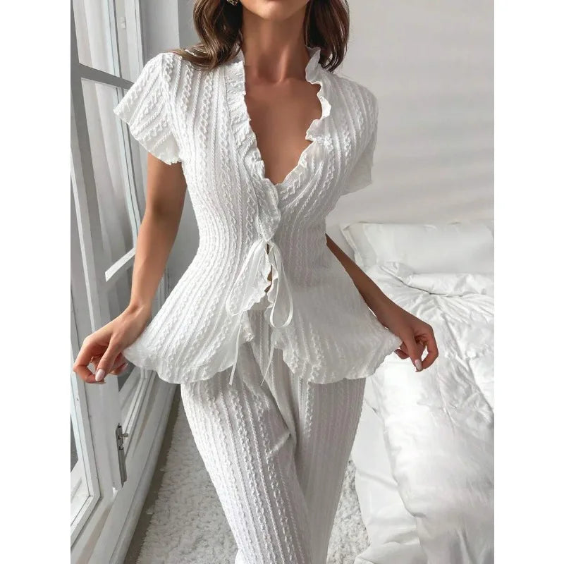 KAELAH's Sexy Lace Up Pajamas Set Short Sleeve Top And Long Pants Sleepwear