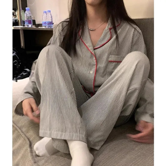 KALEAH  Spring and Summer Long Sleeve Long Pants Two Piece Suit Striped Nightwear