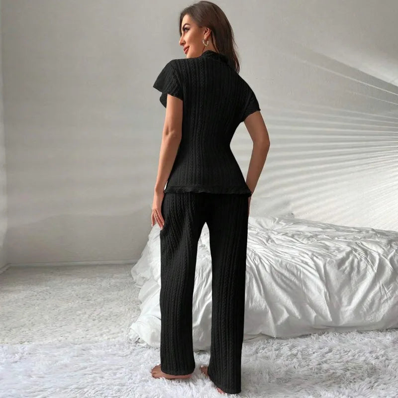 KAELAH's Sexy Lace Up Pajamas Set Short Sleeve Top And Long Pants Sleepwear