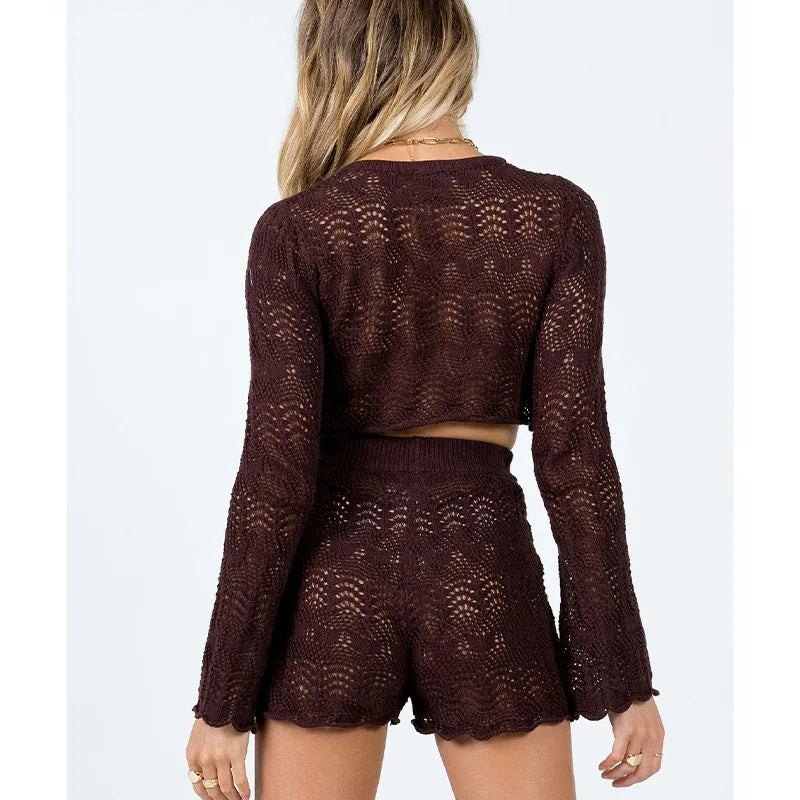 KAELAH Beach Holiday Bohemian Knitted Two Piece Set Pjs Long Sleeve