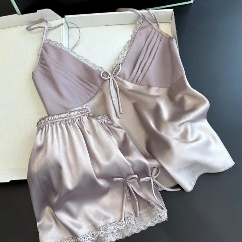 KAELAH Sexy Lace Bow Cami Suspender Pijamas Suit Lingerie