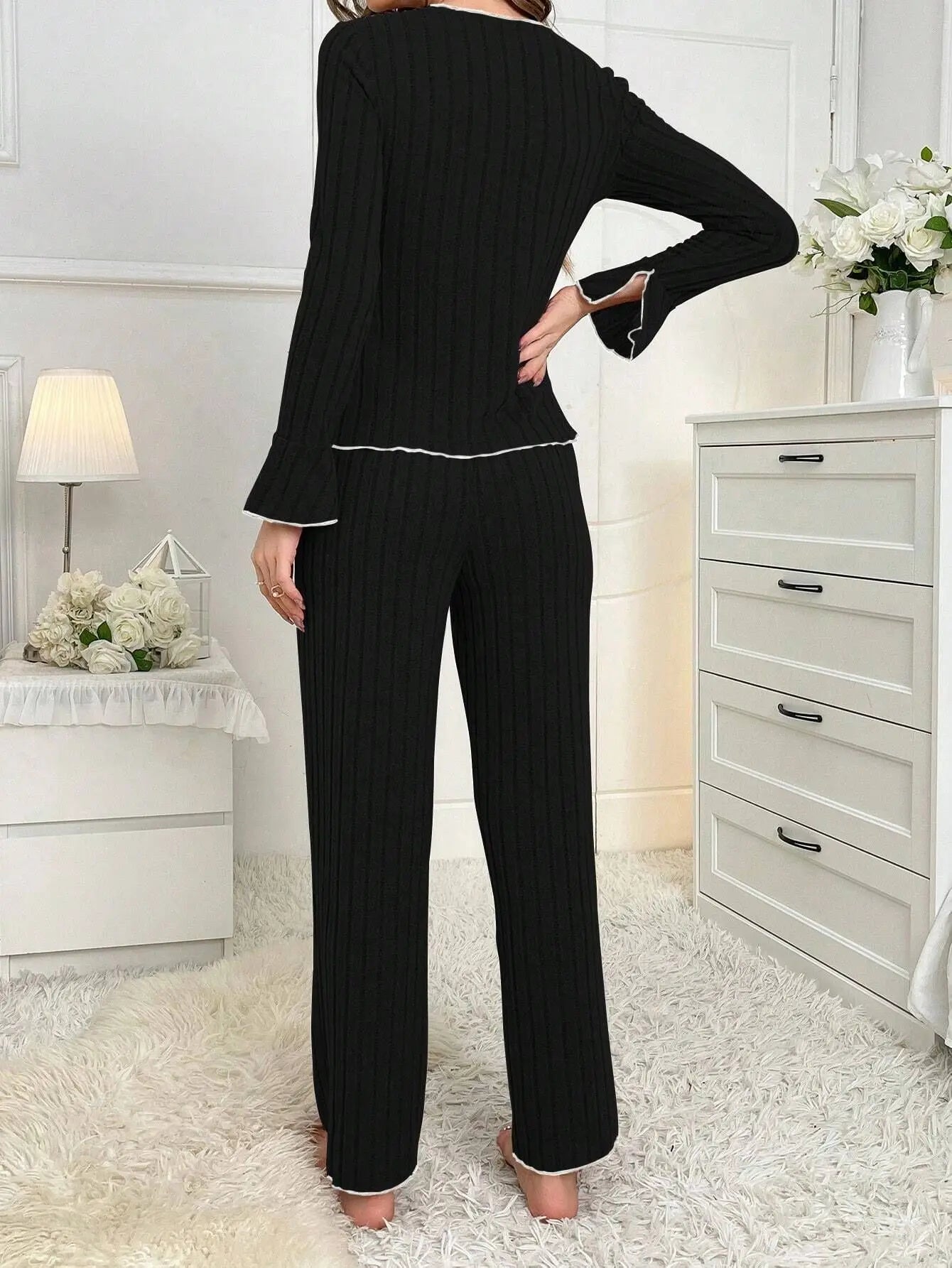 KAELAH Autumn and Winter Pure Color Elegant Bow Women's Simple Long-Sleeved Pants Pajama Set