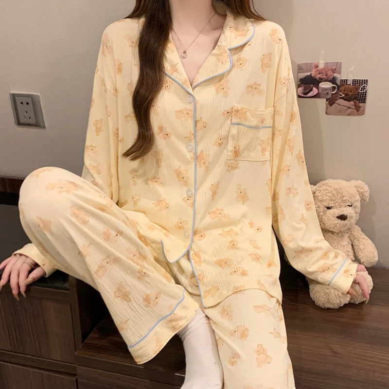 KAELAH Pink Bow Tie Design Pajamas for Women Long Sleeve Top & Elastic