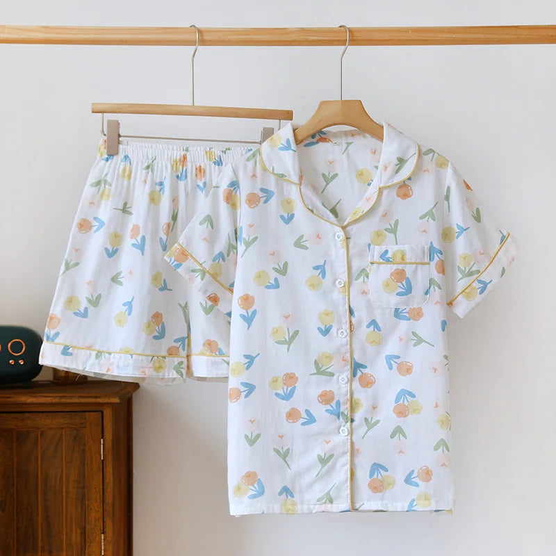 KAELAH Japanese simple short pyjamas womencotton short sleeves ladies
