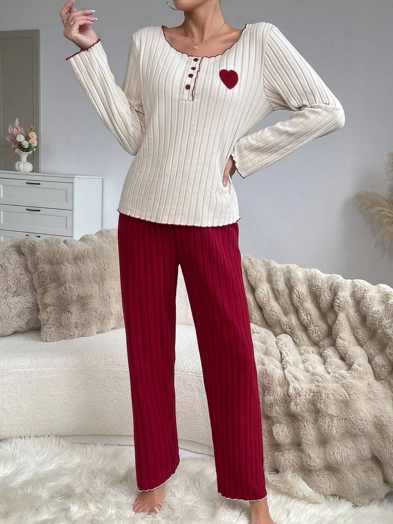 KAELAH Top Heart Print Sleepwear Casual Long Sleeve Set Homewear