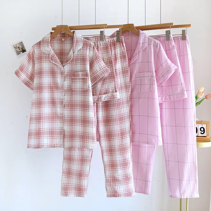 KAELAH Love Checkered Cotton Gauze Thin Short Sleeve+Shorts+Pants Simple