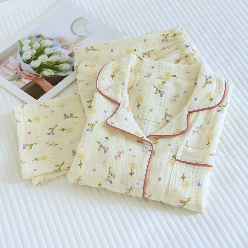 KAELAH Cotton Crepe Women's Pajamas Casual Soft Loose Sleepwear Long Sleeve