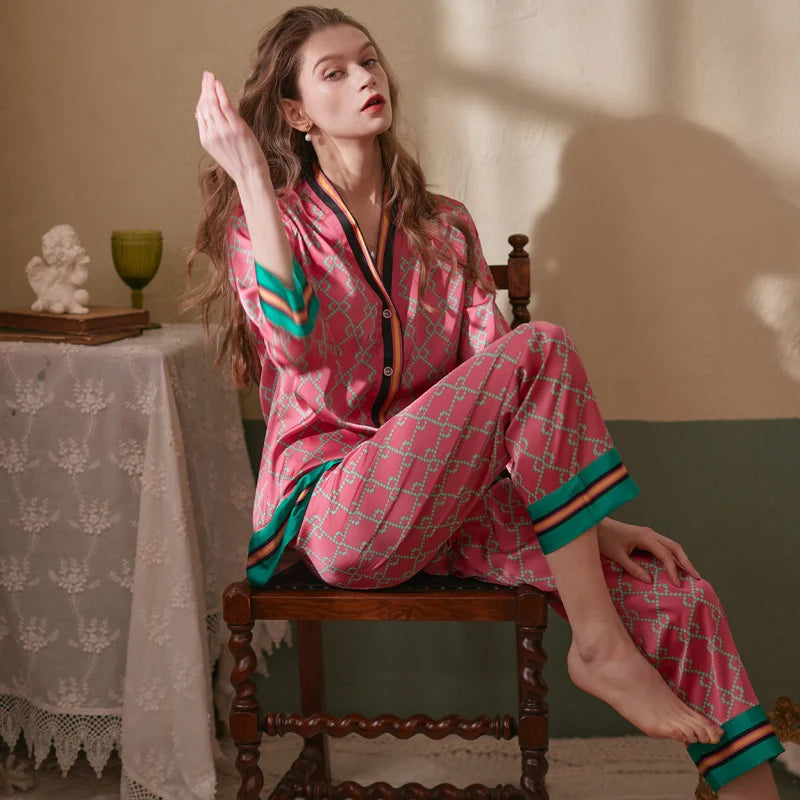 KAELAH Long Sleeved Women Pajamas Set Ice Silk Printed Fashion
