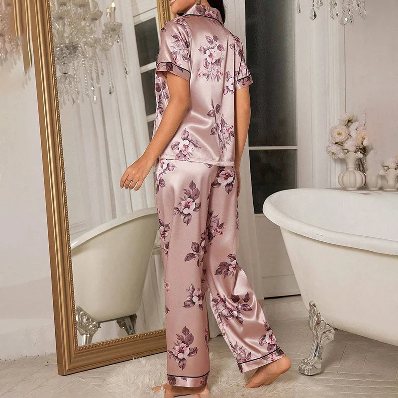 KAELAH Elegant Satin Sleepwear Pj Set Flower Print Short Sleeve