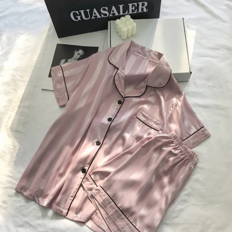 KALEAH 2Pcs/set Ice Silk Women's Pajamas Short Sleeve Short Pants Silk Home