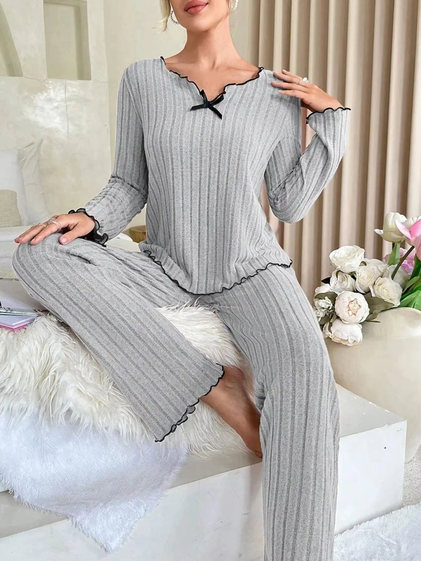 KAELAH Flannel Warm Sleepwear Women Casual Pajamas Set Loungewear