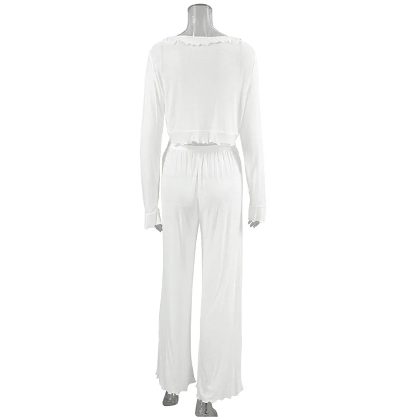KAELAH Laidy Sexy V-Neck Knitted Thin Trousers Pajamas Women Casual Lace-Up
