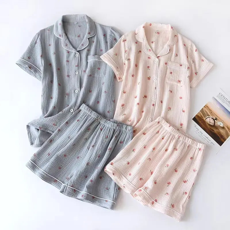 KAELAH Summer Ladies Short-sleeved Shorts Pajamas Set 100% Cotton Crepe Cloth Thin