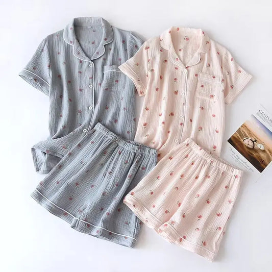 KAELAH Summer Ladies Short-sleeved Shorts Pajamas Set 100% Cotton Crepe Cloth Thin