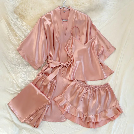 KAELAH Piece Robe Sleepwear Silky Satin Kimono Bathrobe Trouser Suits Loose Home