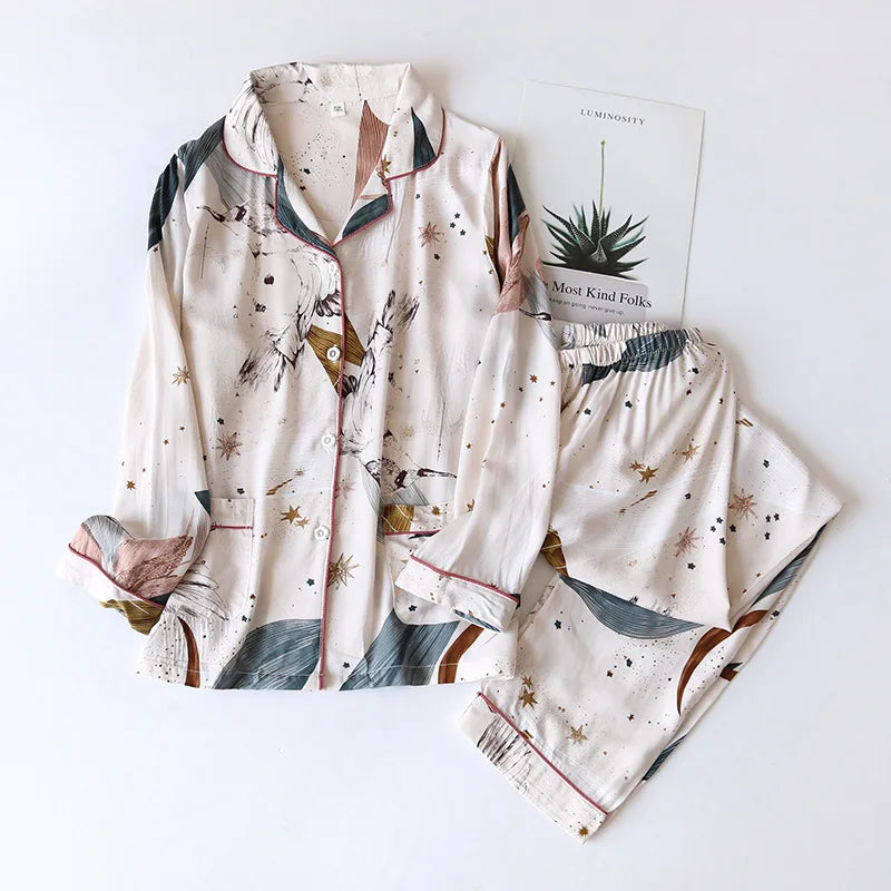 KAELAH cute cartoon floral viscose fiber pajamas two-piece long-sleeved home cotton