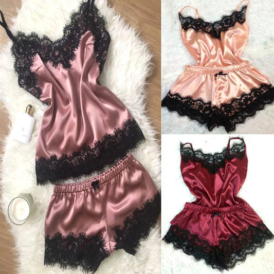 KAELAH Lace Satin Pajama Set for Women Sleepwear V-Neck Stretch Sexy Lingerie Strap Vest