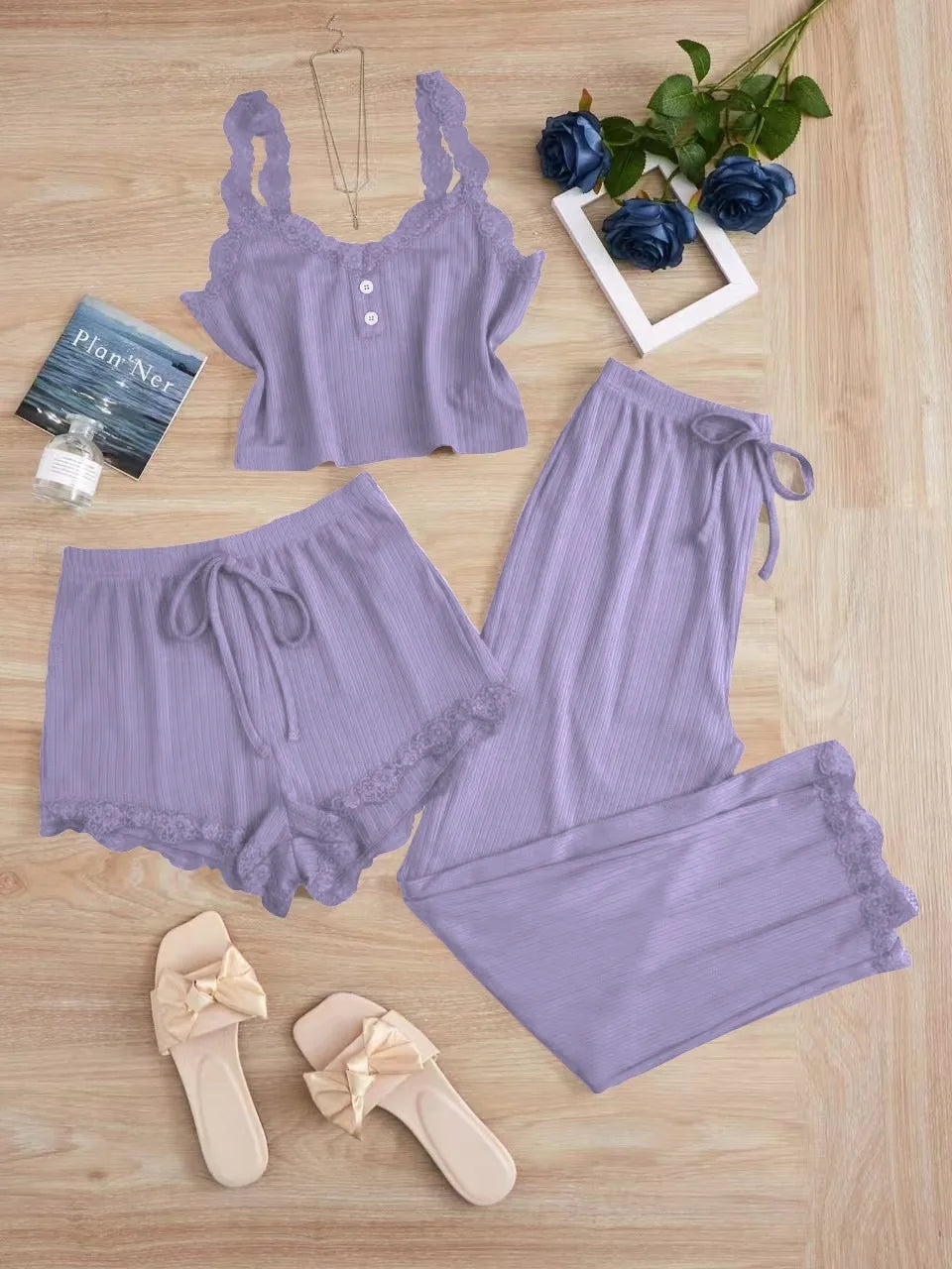 KAELAH Summer 3PCS Pajama Sets Solid Vest Shorts and Pants Paired