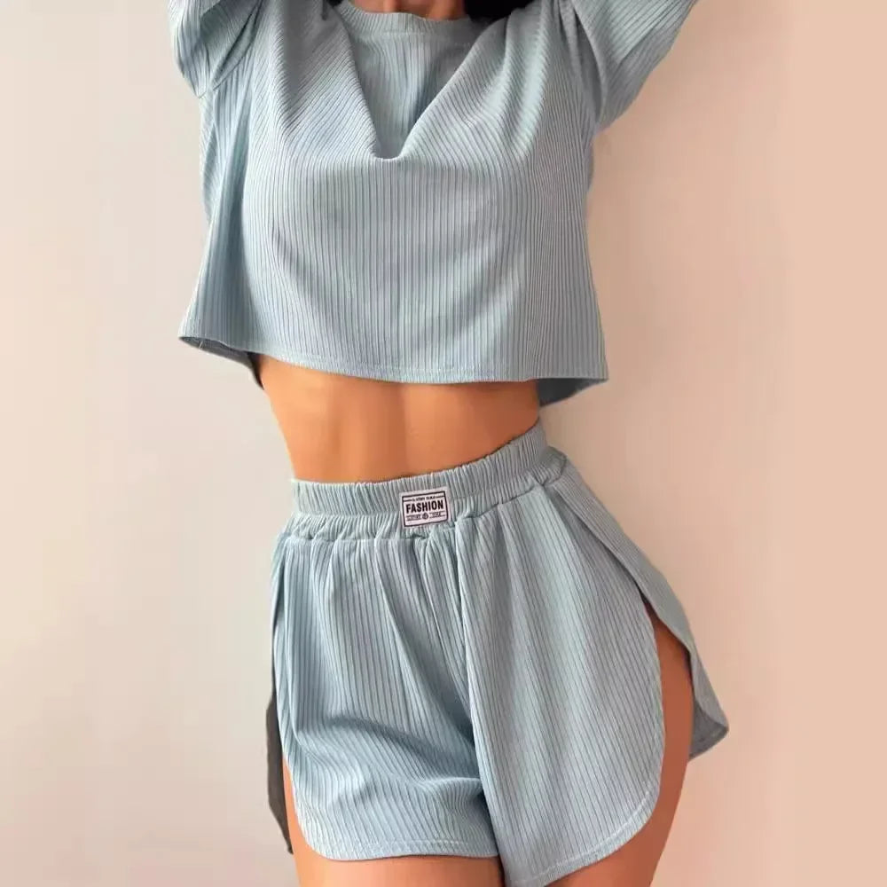 KAELAH Solid Pajamas Set Short Sleeve T-Shirt And Shorts Sleepwear 2 Piece Set