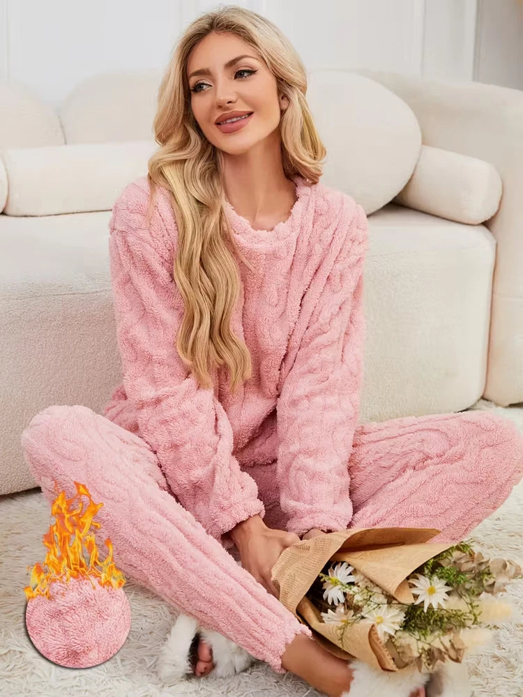 KAELAH Two-Piece Pajama Set with Fleece Lining, Thick Coral Velvet Home Wear