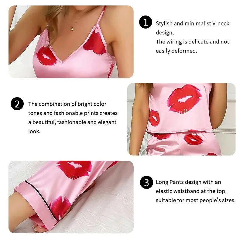 KAELAH Kiss Satin Pajama Set with Lip Print V-Neck Cami Top and Elastic Pants