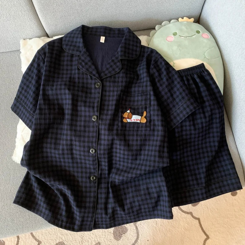 KAELAH Embroidery Dog Sweet Fashion Cute Pajamas Set for Women Plaid Lapel