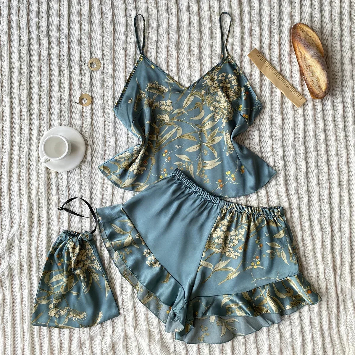 KAELAH 3 Pcs Silk Floral Print Suspenders Tops and Shorts with Hanging Bag