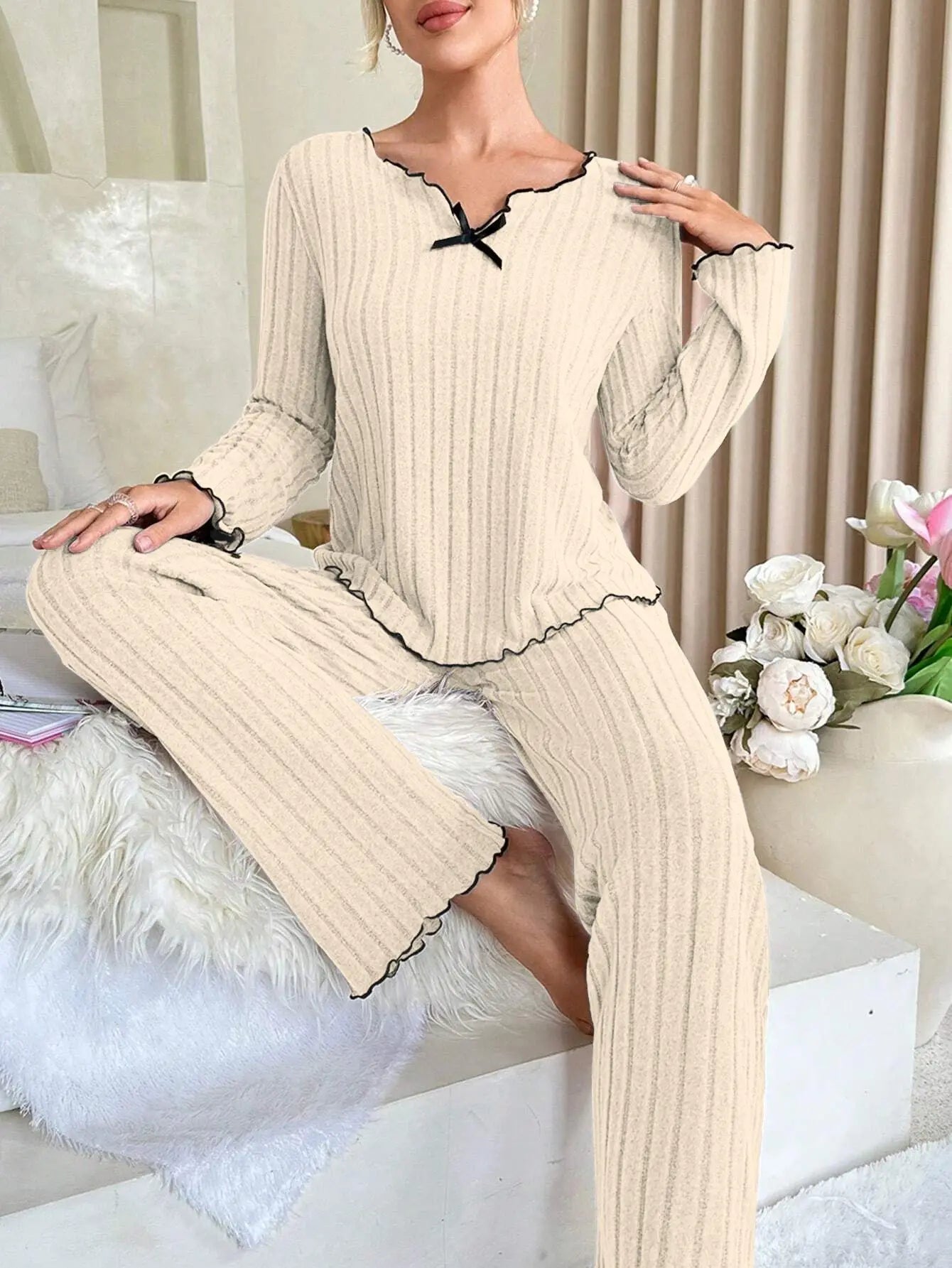KAELAH Flannel Warm Sleepwear Women Casual Pajamas Set Loungewear