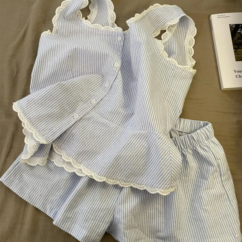 KAELAH Striped Women Pajamas Summer Sleepwear Sleeveless Shorts Sets 2 Pieces Lace