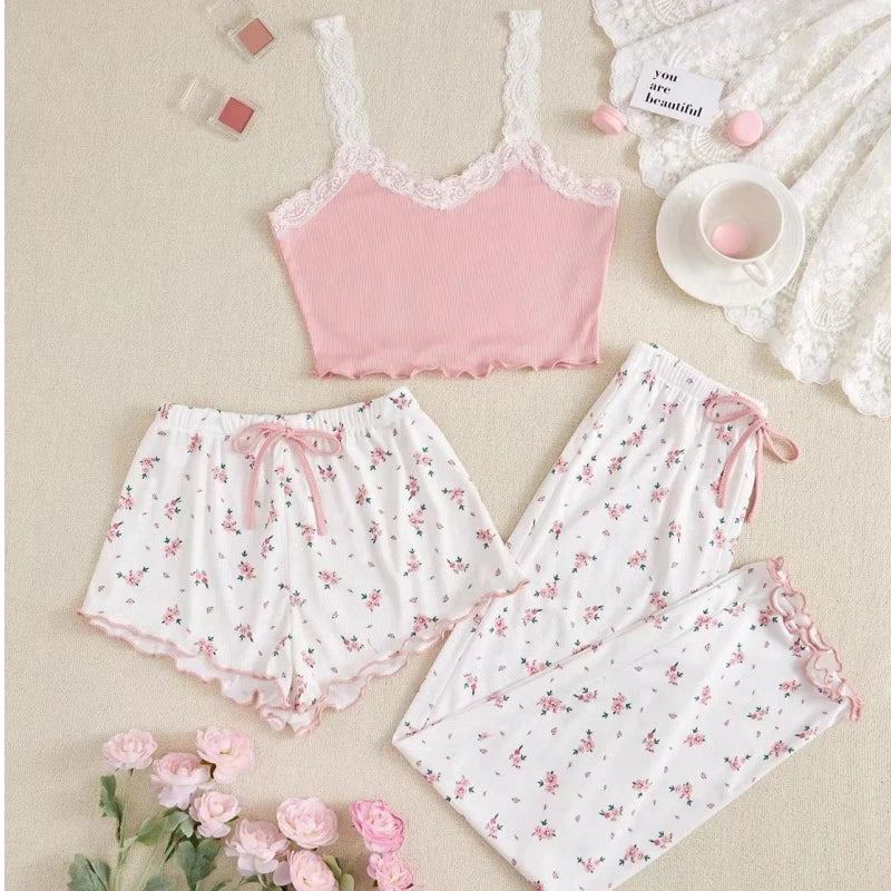 KAELAH Three Piece Women's Heart-Shaped Printed Vest Shorts and Pants