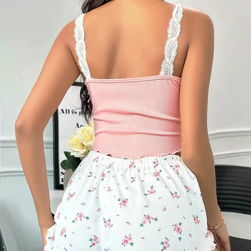KAELAH 2Pcs Pajama Set Pink Lace Patchwork V-Neck Sleepwear Sexy Nighties Suit Cami Top Printed