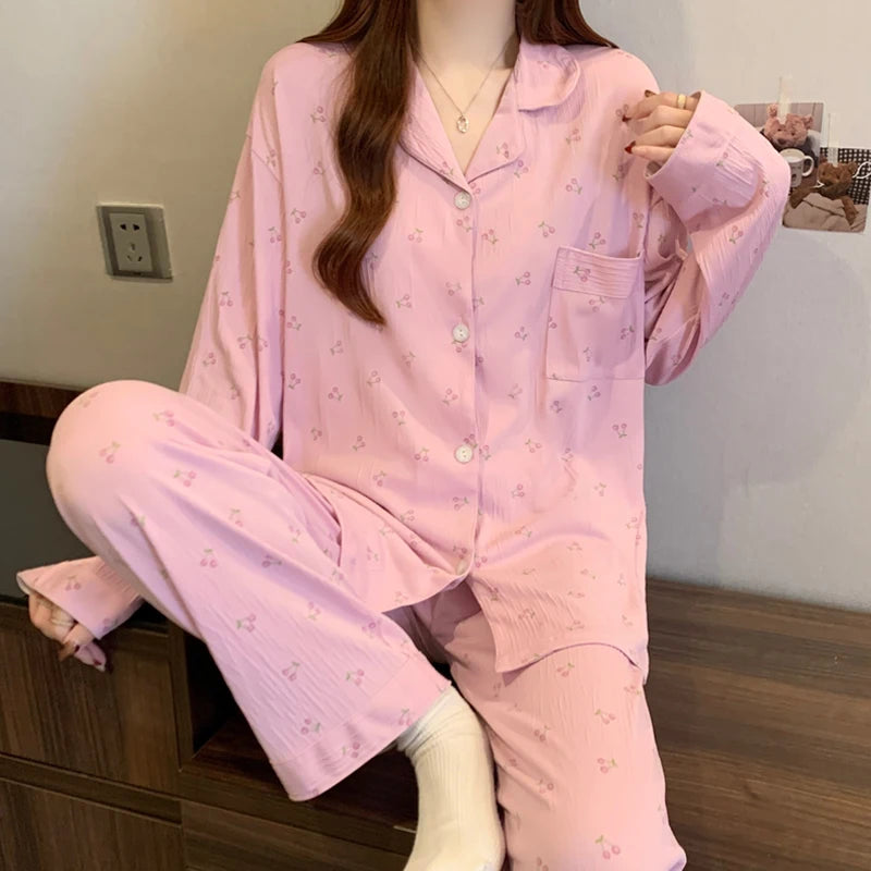 KAELAH Pink Bow Tie Design Pajamas for Women Long Sleeve Top & Elastic