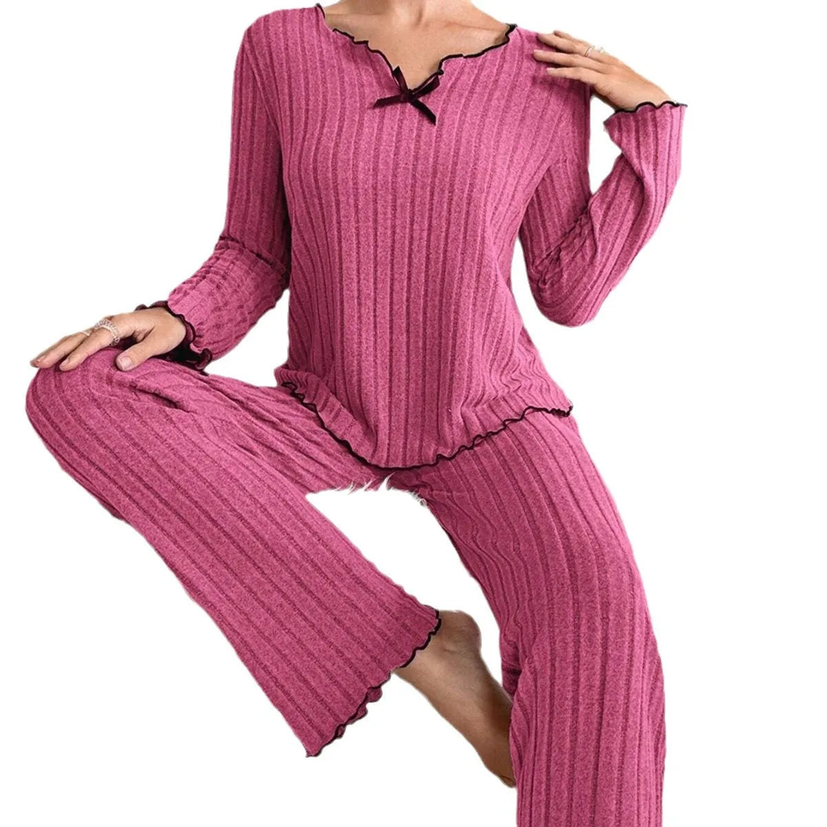 KAELAH Sleepwear Ribbed Pajamas Set Long Sleeve Top and Long Pants