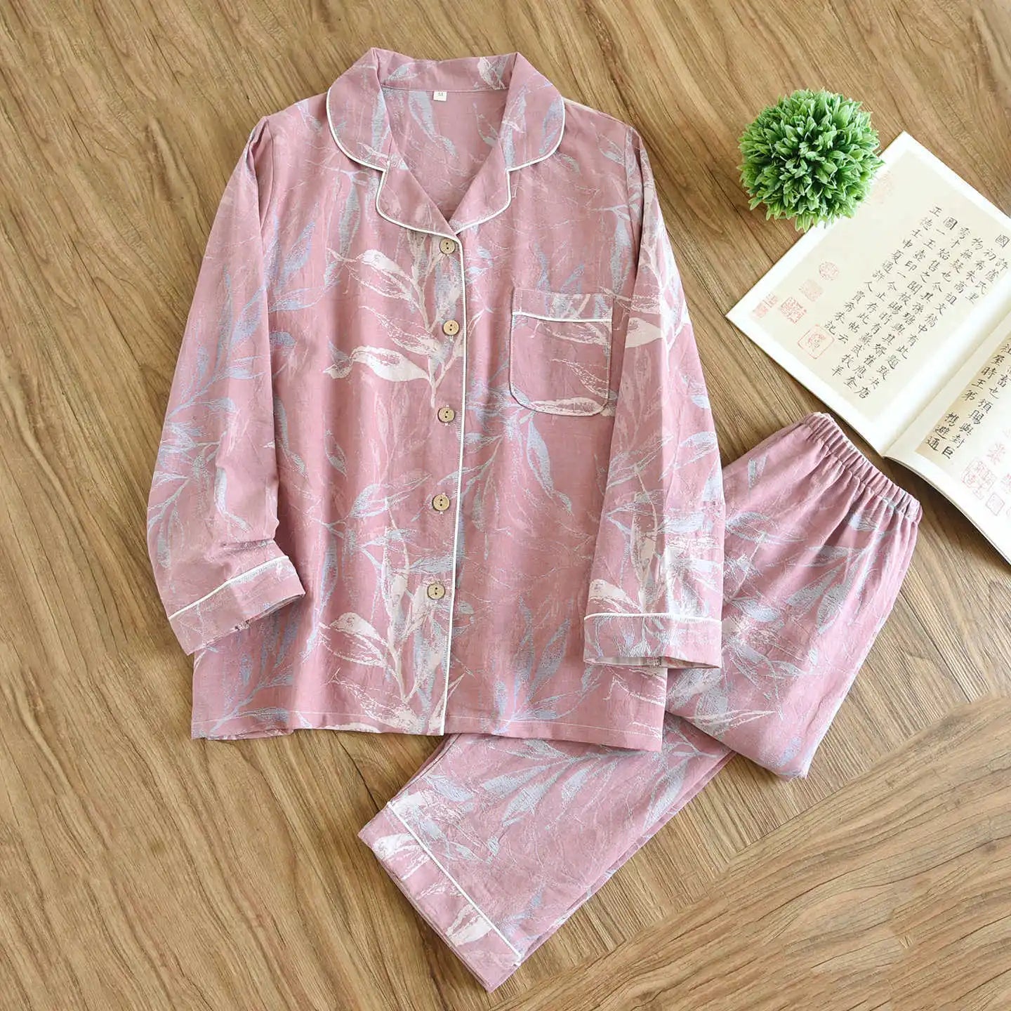 KAELAH new spring and summer women's pajamas suit long-sleeved trousers two-piece crepe flower