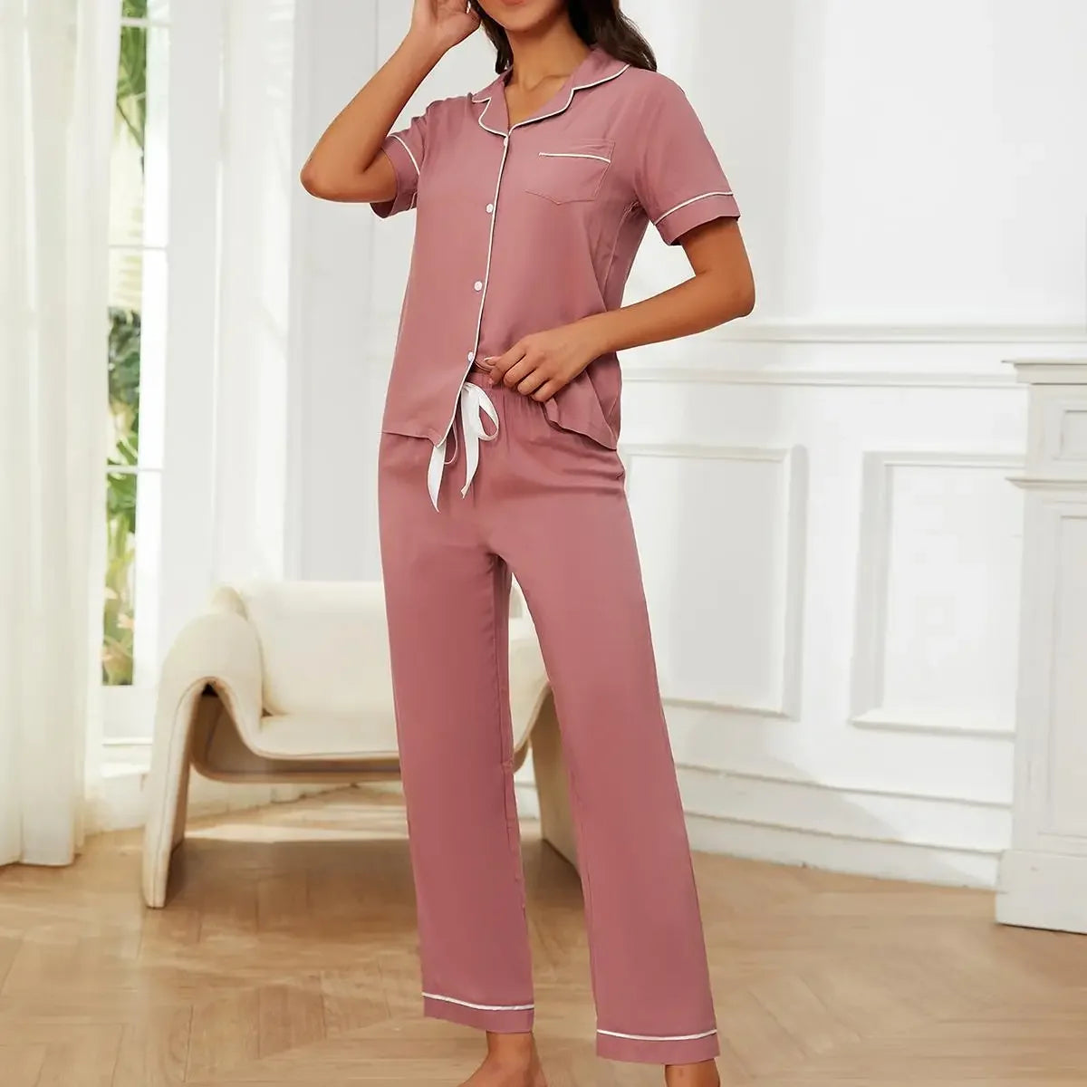 KAELAH Notched Collar Women's Pajamas Set Short Sleeves Black Solid