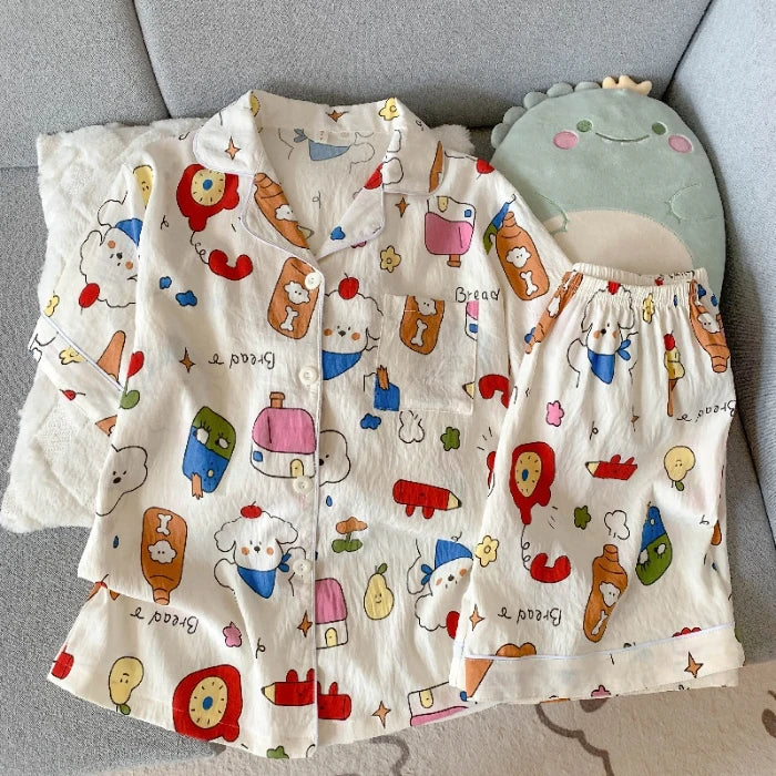 KAELAH Embroidery Dog Sweet Fashion Cute Pajamas Set for Women Plaid Lapel